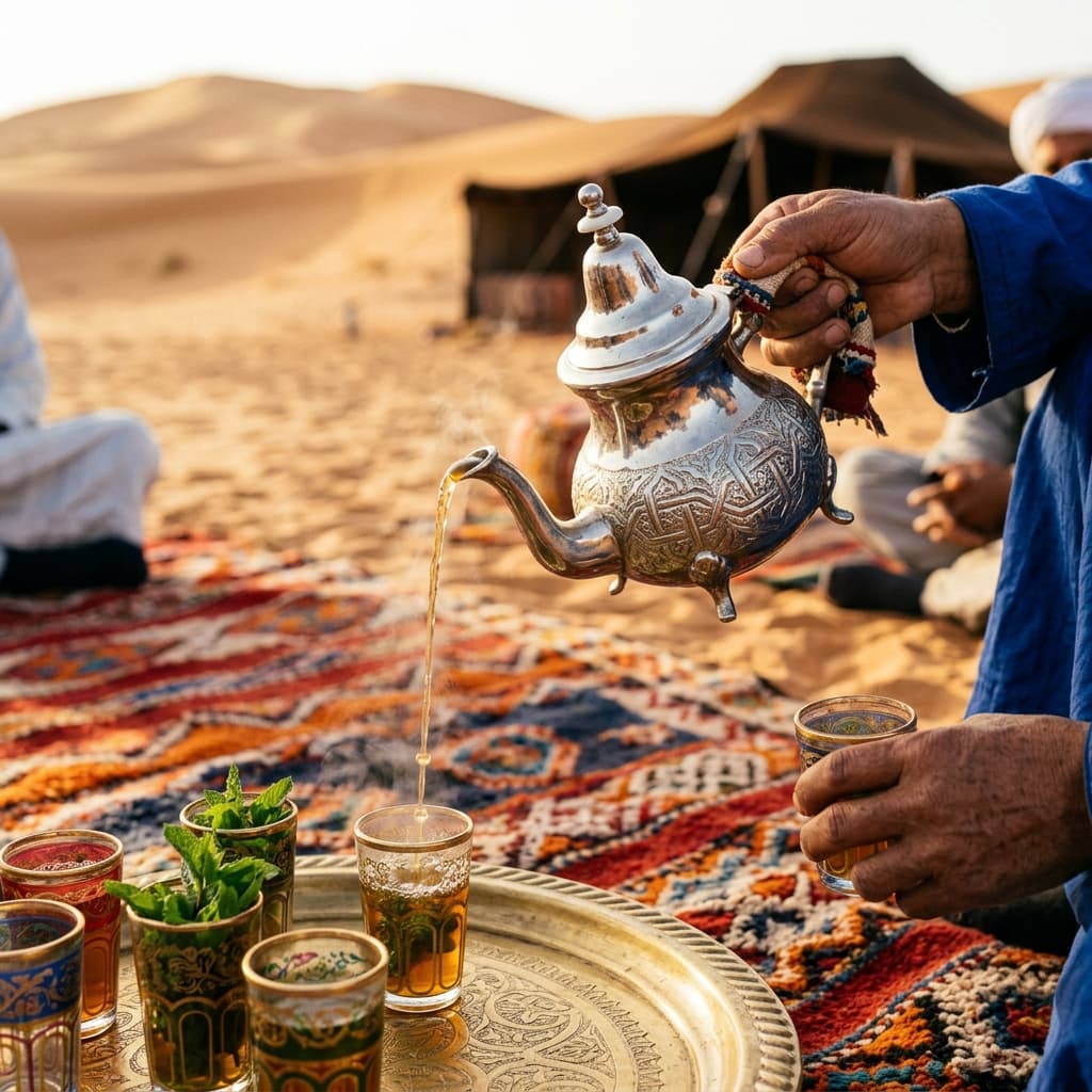 Traditional Moroccan mint tea in desert